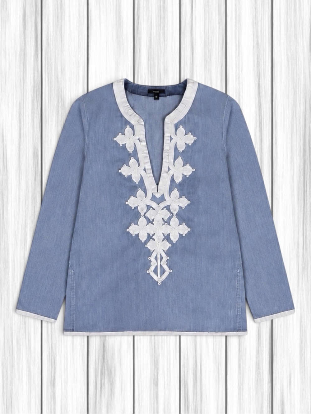 J. Crew Chambray Tunic Top Blue Soutache Embroidered 100% Cotton Boho Coastal 6